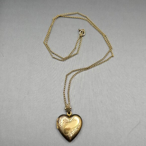 VTG 1/20 10K GF Heart Locket Necklace 18" Floral Etching Rolo Chain Hair Keepsak - Picture 10 of 10
